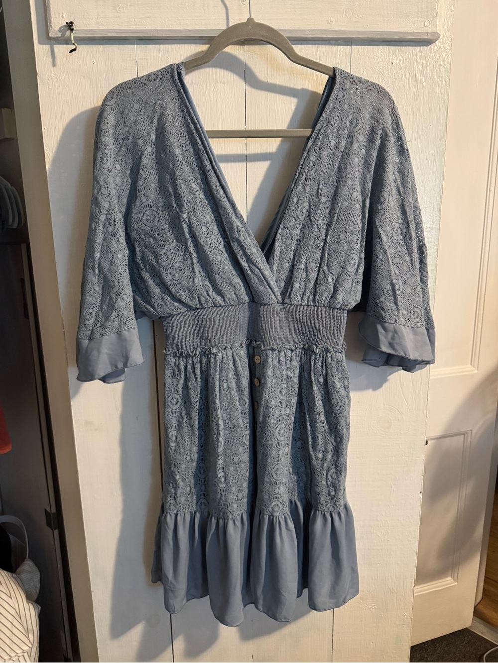 Lace Surplice Smocked Waist Mini Dress in Dusty Blue